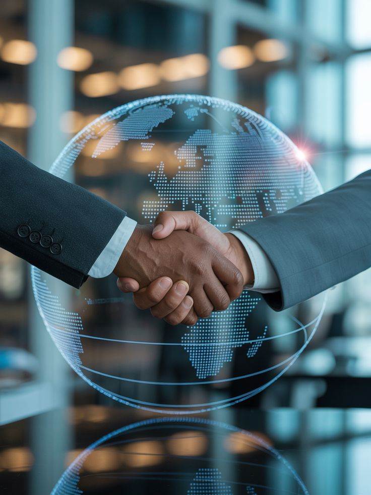Poignée de main devant un globe numérique centré sur l’Afrique